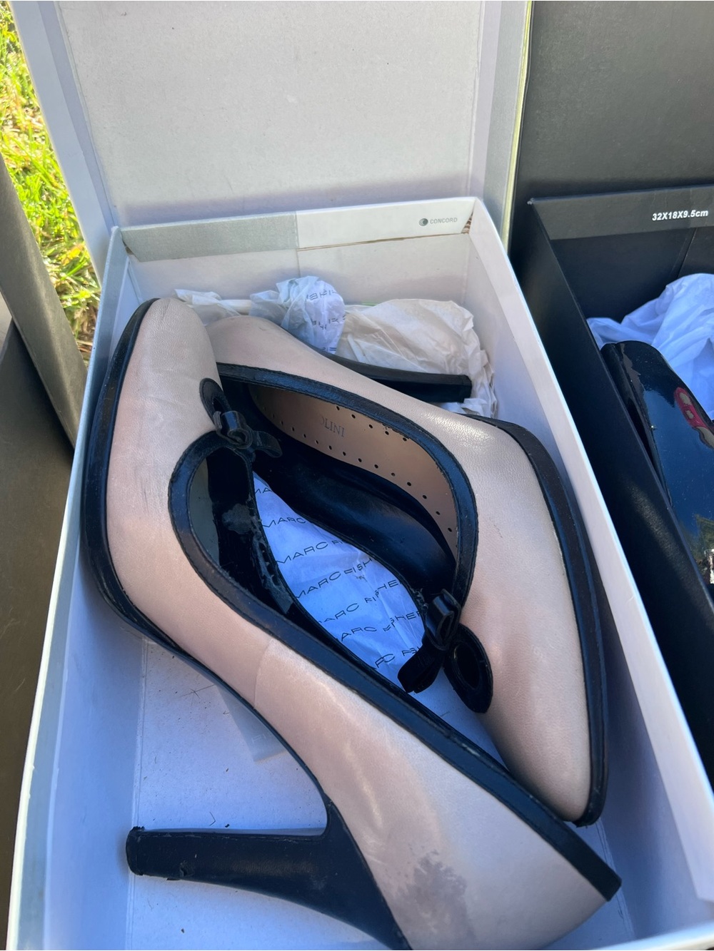 Marc Fisher Nude and Black Pointed Toe Heels with Bow Accent